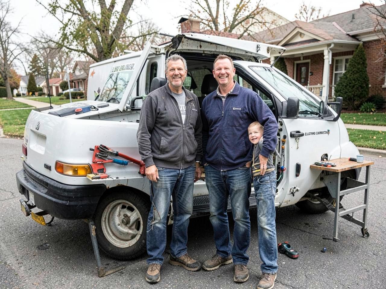 The family team behind Summit Current Electric beside their service van