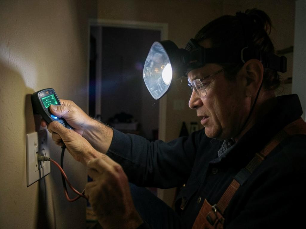 Electrician testing a wall outlet with a digital meter during a night call-out