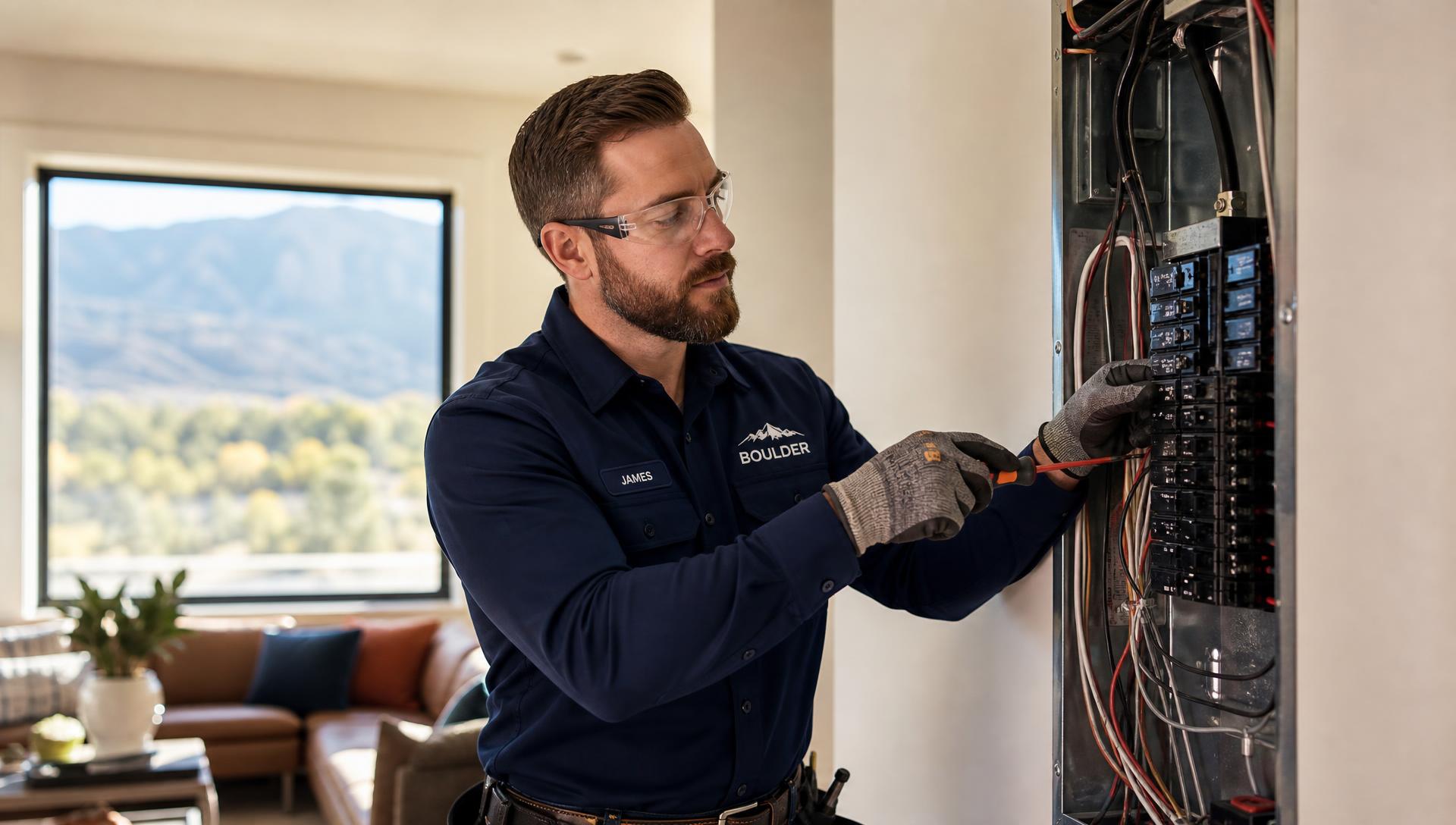 Licensed electrician from Summit Current Electric Co. working at a home electrical panel in Boulder, CO